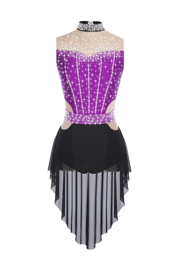 Women's Rhinestone Lyrical Jazz Dance Leotard Ballroom Tango Dance Dress Prom Party Mock Neck Bodysuit Purple M