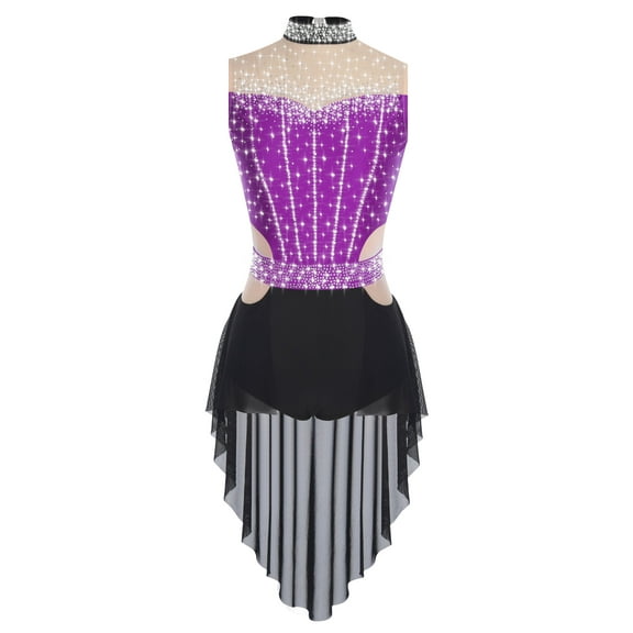Aislor Women's Rhinestone Lyrical Jazz Dance Leotard Ballroom Tango Dance Dress Prom Party Mock Neck Bodysuit Purple S