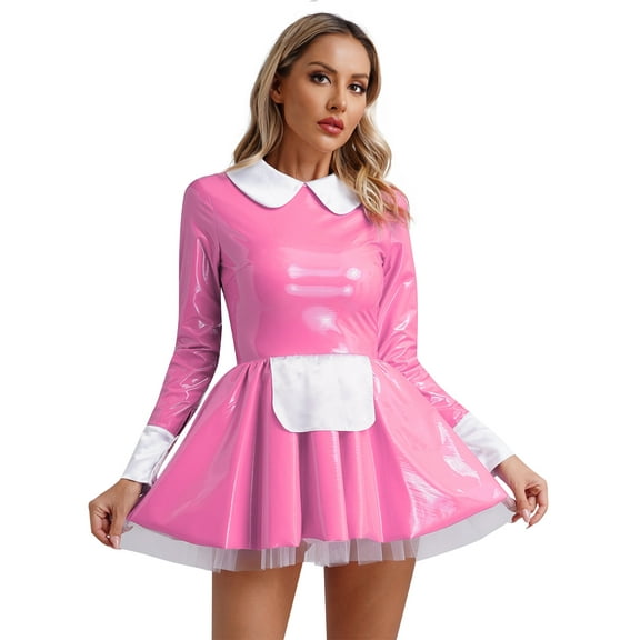 Aislor Women's Patent Leather French Maid Costume Long Sleeve Mini Apron Dress Anime Outfits Pink XL