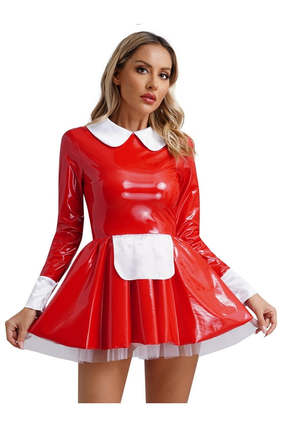Women's Patent Leather French Maid Costume Long Sleeve Mini Apron Dress Anime Outfits Red XXL