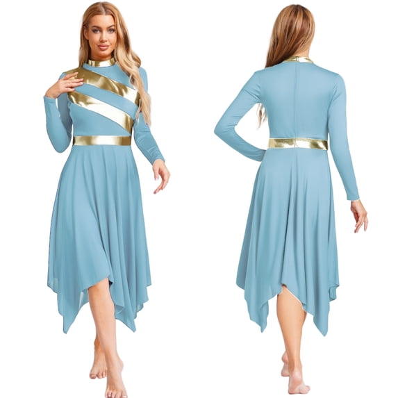 Aislor Women's Praise Dance Dress Lyrical Dancewear Metallic Patchwork Irregular Hem Long Sleeves Color Block Asymmetrical OverlayChurch Worship Dancewear Sky Blue L