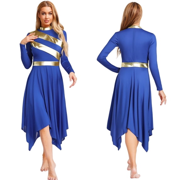 Aislor Women's Praise Dance Dress Lyrical Dancewear Metallic Patchwork Irregular Hem Long Sleeves Color Block Asymmetrical OverlayChurch Worship Dancewear Royal Blue XXL