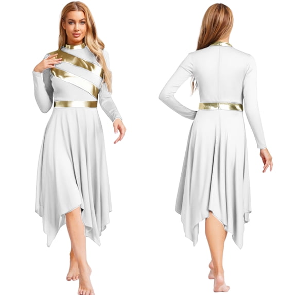 Aislor Women's Praise Dance Dress Lyrical Dancewear Metallic Patchwork Irregular Hem Long Sleeves Color Block Asymmetrical OverlayChurch Worship Dancewear White XL