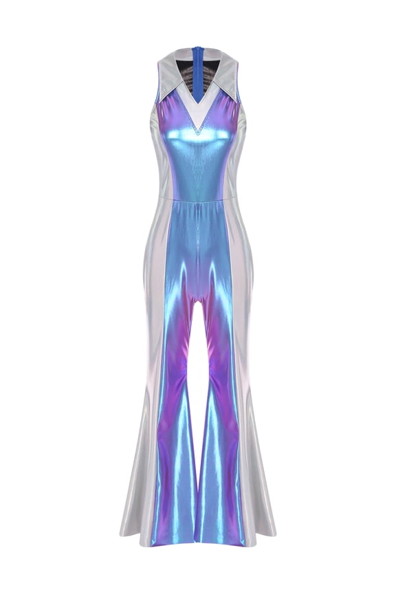 Women's Retro Disco Dance Costume Contrast Color Lapel V Neck Bell Bottom Romper Clubwear Blue S