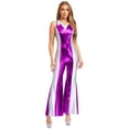 thumbnail image 1 of Aislor Women's Retro Disco Dance Costume Contrast Color Lapel V Neck Bell Bottom Romper Clubwear Purple S, 1 of 7