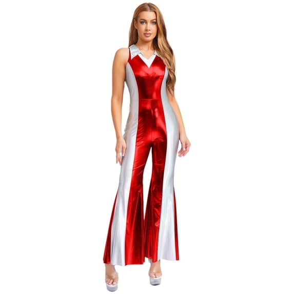 Aislor Women's Retro Disco Dance Costume Contrast Color Lapel V Neck Bell Bottom Romper Clubwear Red L