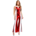 thumbnail image 1 of Aislor Women's Retro Disco Dance Costume Contrast Color Lapel V Neck Bell Bottom Romper Clubwear Red M, 1 of 7