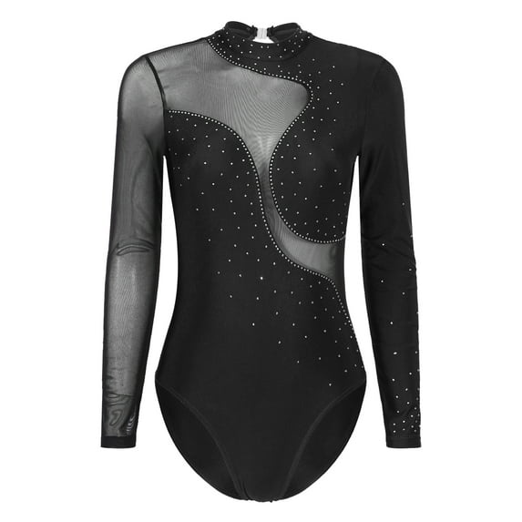 Aislor Women's Rhinestone Figure Skating Costume Sheer Mesh Long Sleeve Ballet Dance Gymnastics Leotard A Black XXL