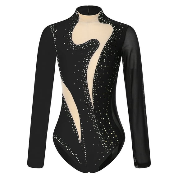 Aislor Women's Rhinestone Figure Skating Costume Sheer Mesh Long Sleeve Ballet Dance Gymnastics Leotard Black M