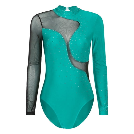 Aislor Women's Rhinestone Figure Skating Costume Sheer Mesh Long Sleeve Ballet Dance Gymnastics Leotard Green M
