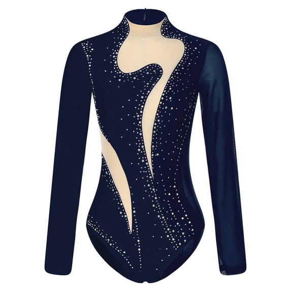 Aislor Women's Rhinestone Figure Skating Costume Sheer Mesh Long Sleeve Ballet Dance Gymnastics Leotard Navy Blue XXL