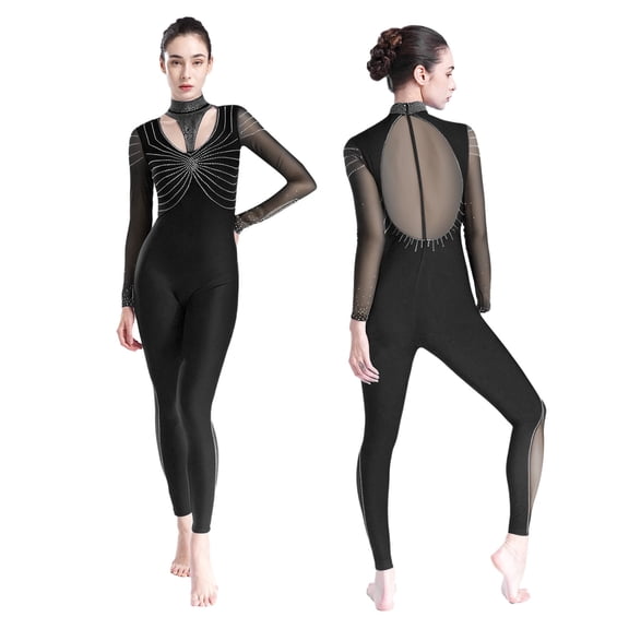 Aislor Women's Rhinestone Unitard One Piece Dance Bodysuit Gymnastics Leotard Figure Ice Skating Jumpsuit Black M