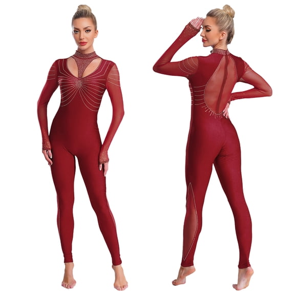 Aislor Women's Rhinestone Unitard One Piece Dance Bodysuit Gymnastics Leotard Figure Ice Skating Jumpsuit Burgundy M