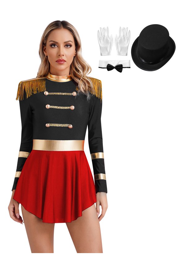 Women's Ringmaster Costume 4pcs Circus Costumes Halloween Cosplay Bodysuit for Party Clubwear C Black S