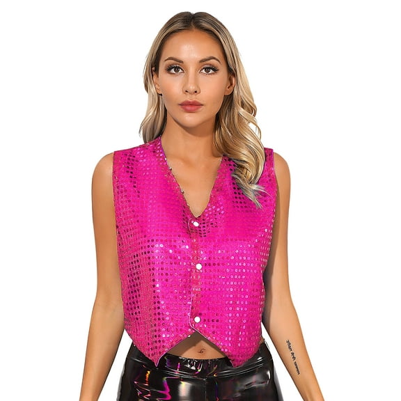 Aislor Women's Sequin Sleeveless Vest Sparkly Casual Open Front Waistcoat Jackets Glitter Vest Coat Hot Pink 170