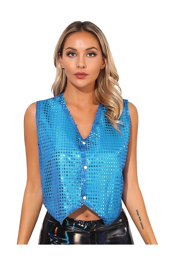 Women's Sequin Sleeveless Vest Sparkly Casual Open Front Waistcoat Jackets Glitter Vest Coat Light Blue 170