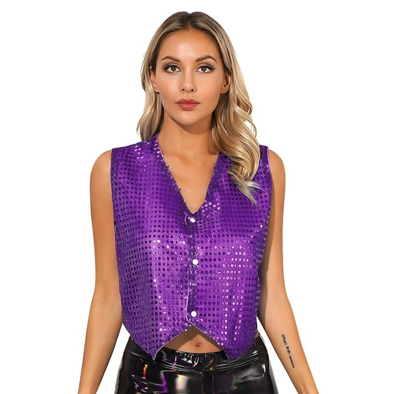 Aislor Women's Sequin Sleeveless Vest Sparkly Casual Open Front Waistcoat Jackets Glitter Vest Coat Purple 170