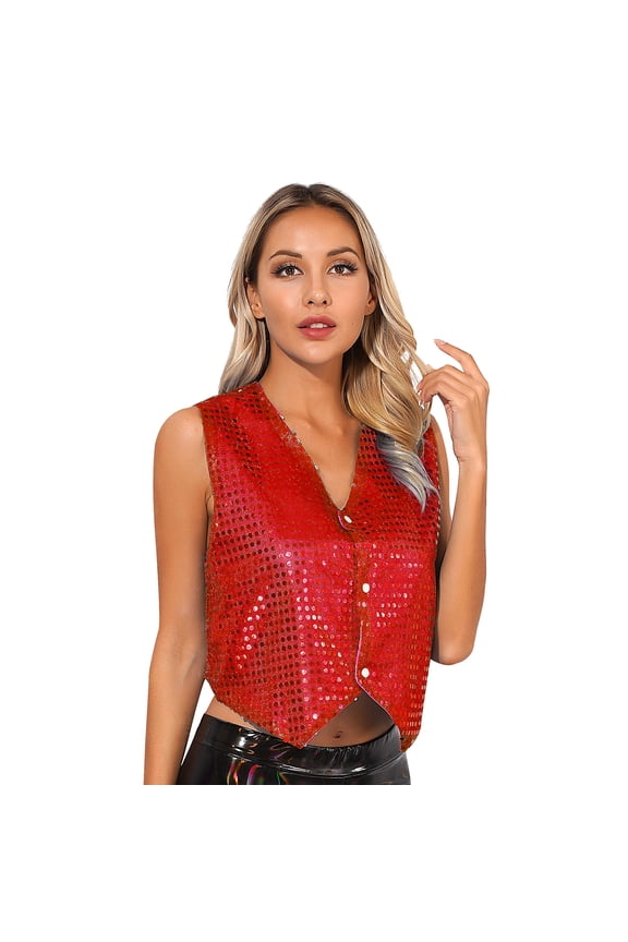 Women's Sequin Sleeveless Vest Sparkly Casual Open Front Waistcoat Jackets Glitter Vest Coat Red 170