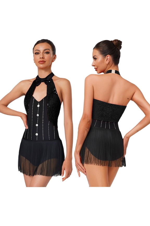 Women's Sequin Tuxedo Leotard Tassel Latin Jazz Dance Bodysuit Circus Ringmaster Bodysuit Dress Black L