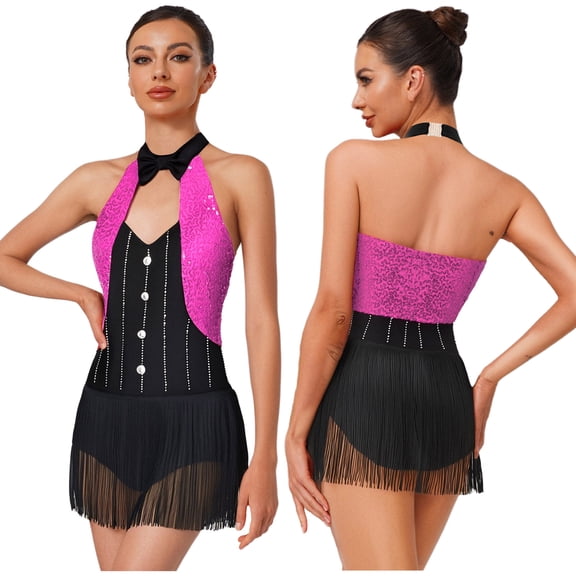 Aislor Women's Sequin Tuxedo Leotard Tassel Latin Jazz Dance Bodysuit Circus Ringmaster Bodysuit Dress Hot Pink L