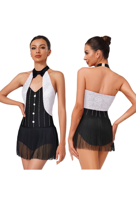 Women's Sequin Tuxedo Leotard Tassel Latin Jazz Dance Bodysuit Circus Ringmaster Bodysuit Dress White XL