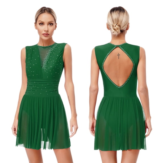 Aislor Women's Shiny Rhinestone Figure Skating Lyrical Ballet Dance Sleeveless Backless Dress Green M