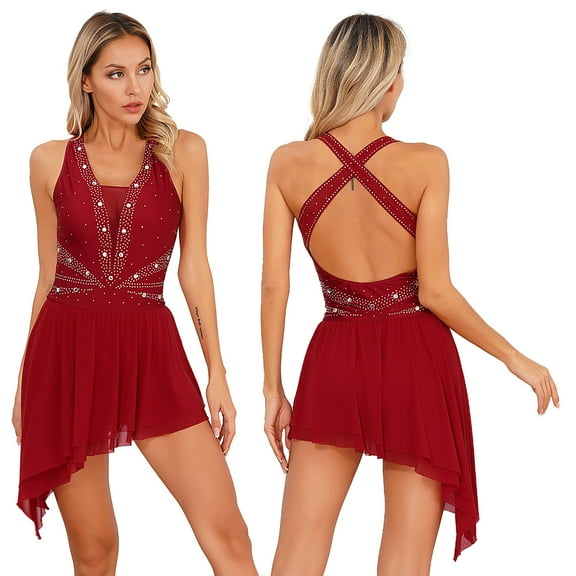 Aislor Women's Shiny Rhinestone Lyrical Ballet Dance Costume Ice Figure Skating Gymnastics Dress Burgundy L