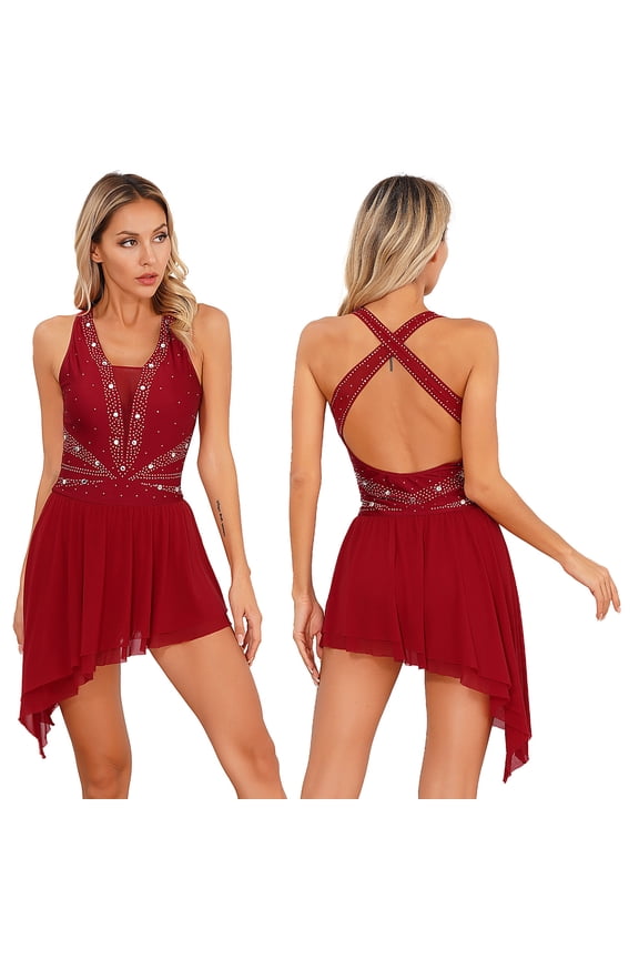 Women's Shiny Rhinestone Lyrical Ballet Dance Costume Ice Figure Skating Gymnastics Dress Burgundy S