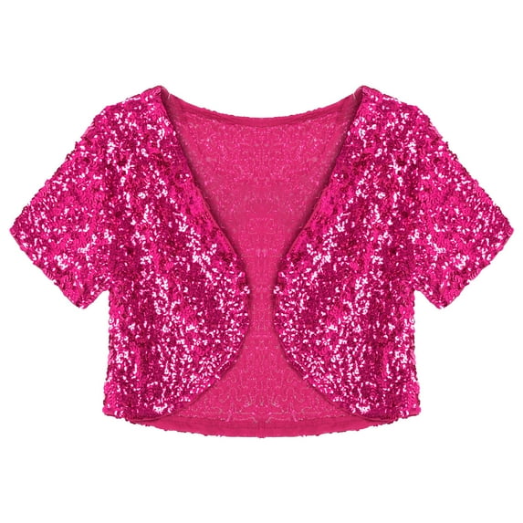 Aislor Women's Shiny Sequin Jacket Short Sleeve Open Front Cardigan Jacket Bolero Shrug Coat Tops Hot Pink One Size
