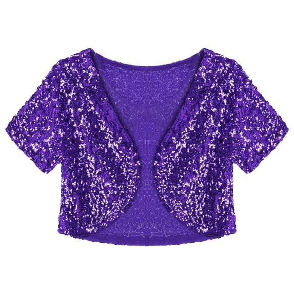 Aislor Women's Shiny Sequin Jacket Short Sleeve Open Front Cardigan Jacket Bolero Shrug Coat Tops Purple One Size