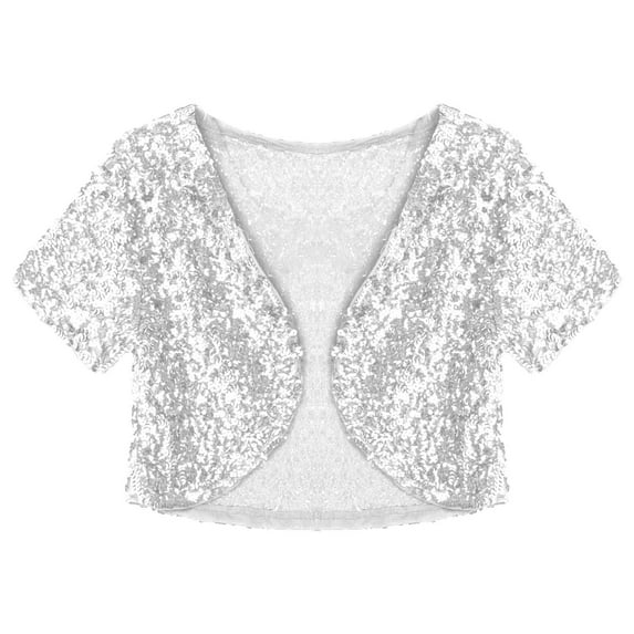 Aislor Women's Shiny Sequin Jacket Short Sleeve Open Front Cardigan Jacket Bolero Shrug Coat Tops Silver One Size
