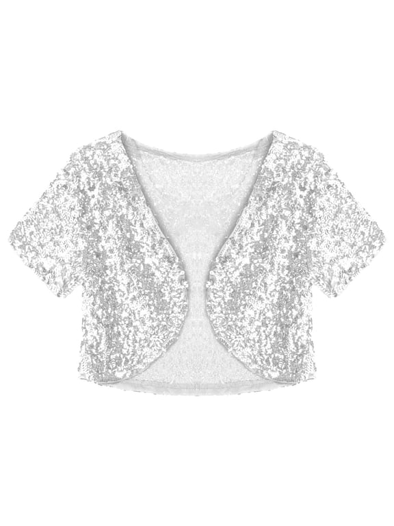 Women's Shiny Sequin Jacket Short Sleeve Open Front Cardigan Jacket Bolero Shrug Coat Tops Silver One Size