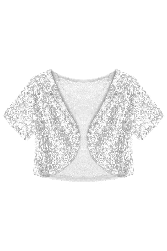 Women's Shiny Sequin Jacket Short Sleeve Open Front Cardigan Jacket Bolero Shrug Coat Tops Silver One Size