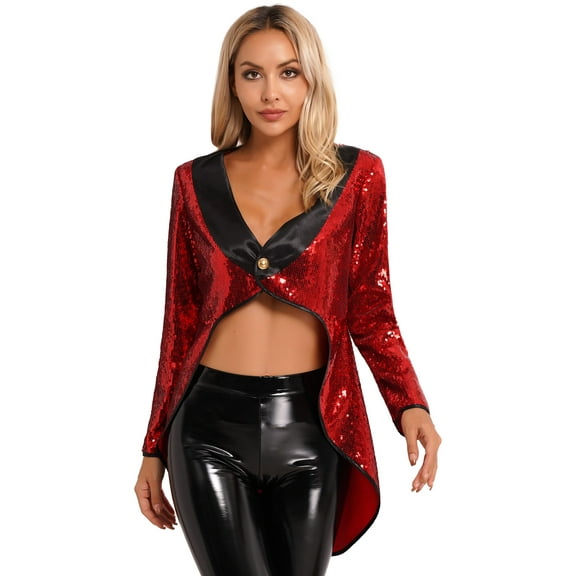 Aislor Women's Shiny Sequin Magician Dress Circus Ringmaster Steampunk Tailcoat Jacket Halloween Party Costume Red XXL