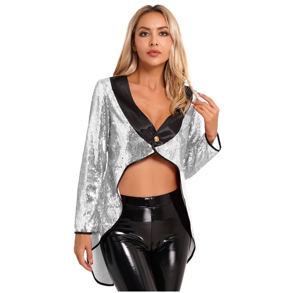 Aislor Women's Shiny Sequin Magician Dress Circus Ringmaster Steampunk Tailcoat Jacket Halloween Party Costume Silver M