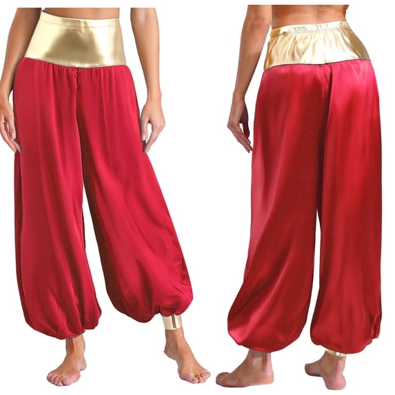 Aislor Women's Silky Satin Arabian Cosplay Wide Leg Pants Silky High Waist Loose Belly Dance Costume Burgundy 3XL