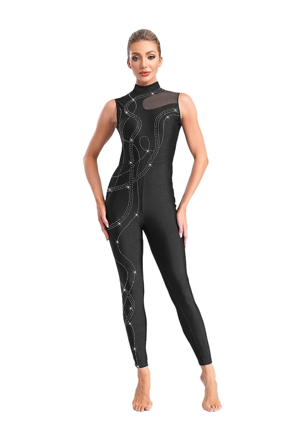 Women's Sparkle Gymnastics Unitard One Piece Slim Fit Dance Bodysuits Figure Skating Jumpsuit Black S