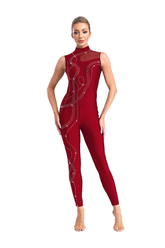 Women's Sparkle Gymnastics Unitard One Piece Slim Fit Dance Bodysuits Figure Skating Jumpsuit Burgundy S