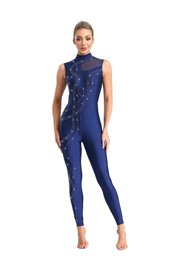 Women's Sparkle Gymnastics Unitard One Piece Slim Fit Dance Bodysuits Figure Skating Jumpsuit Navy Blue M