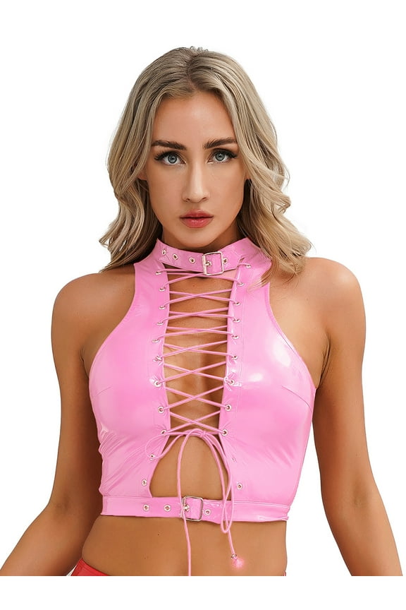 Women's Wetlook Patent Leather Adjustable Neck Lace-up Gothic Punk Corset Top Pink M