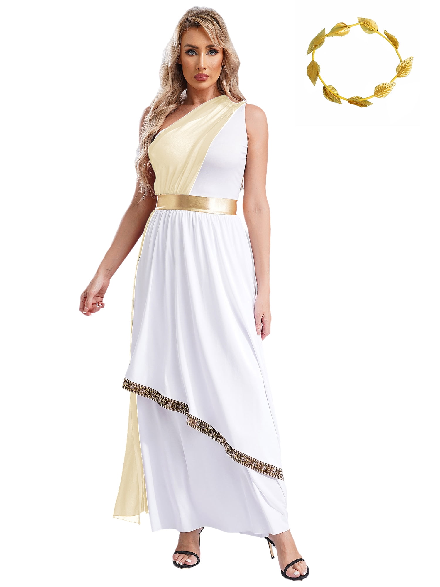 greek themed homecoming dresses Aislor Womens 2Pcs Ancient Toga Dress One Shoulder Greece Grecian Goddness Queen Robe with Headwear Champagne M Nutcracker