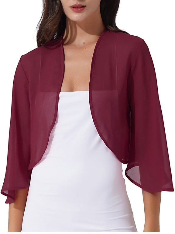 Womens 3/4 Sleeve Bolero Chiffon Shrug Open Front Cropped Cardigans for Wedding Party Dress Size S-3XL Burgundy L