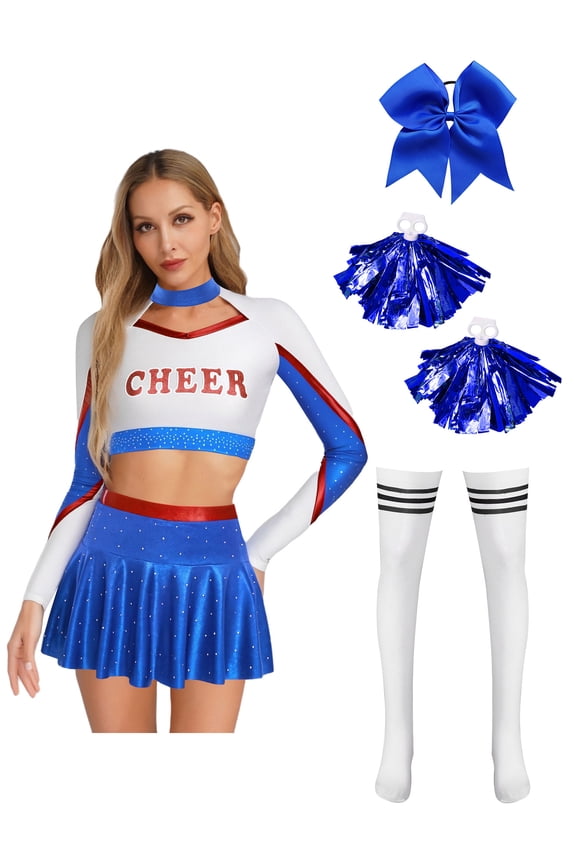 Womens 5PCS Cheerleading Uniform Crop Top Miniskirt Set With Hairband Balls Stockings Royal Blue M