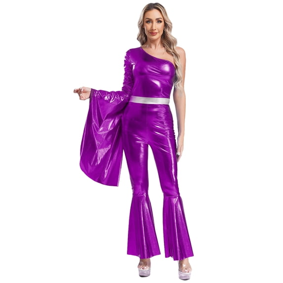 Aislor Womens 70s Disco Party Dance Costume One Shoulder Flared Bell Bottoms Jumpsuit Dancewear Purple XXL
