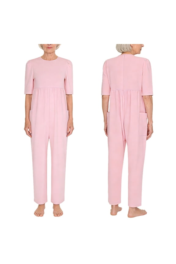 Womens Adaptive Anti-strip Jumpsuit Loose Fit Nursing Rompers For Dementia Elderly And Special Needs Pink XXL