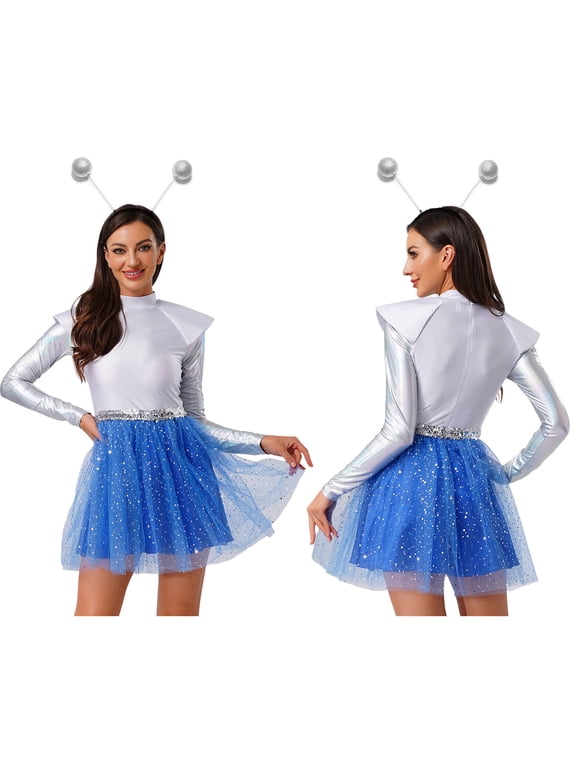 Womens Alien Space Cadet Rave Outfits Shiny Tulle Hem Dress with Headwear Blue 3XL