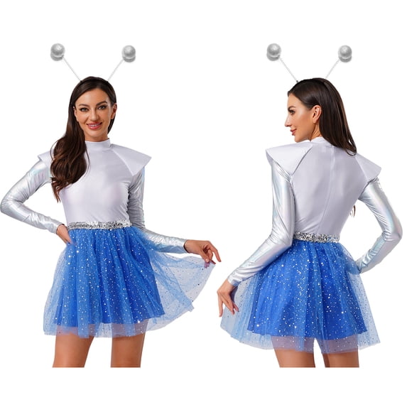 Aislor Womens Alien Space Cadet Rave Outfits Shiny Tulle Hem Dress with Headwear Blue M