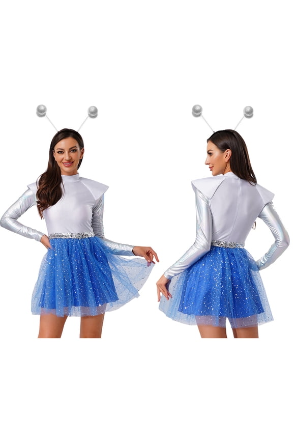 Womens Alien Space Cadet Rave Outfits Shiny Tulle Hem Dress with Headwear Blue S