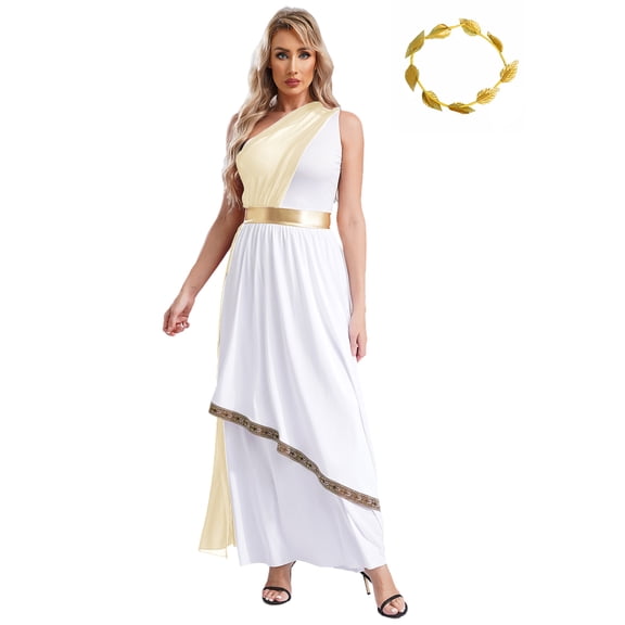 Aislor Womens Ancient Greek Roman Toga Costume Overlay Dance Dress with Headwear for Halloween Party Champagne 3XL