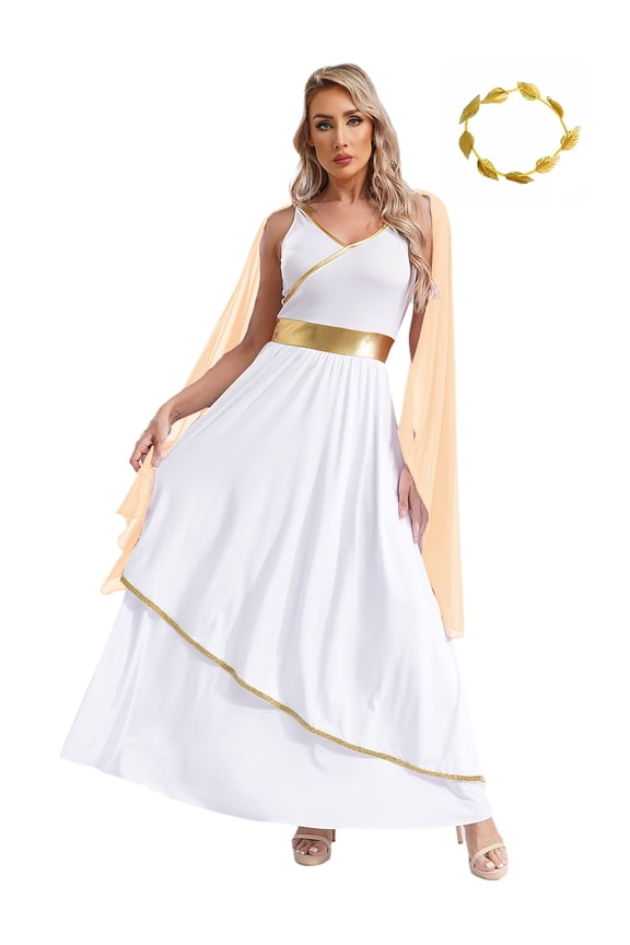 Womens Ancient Roman Queen Toga Robe Dress with Leaf Garland Headwear Greek Beauty Costume Champagne L